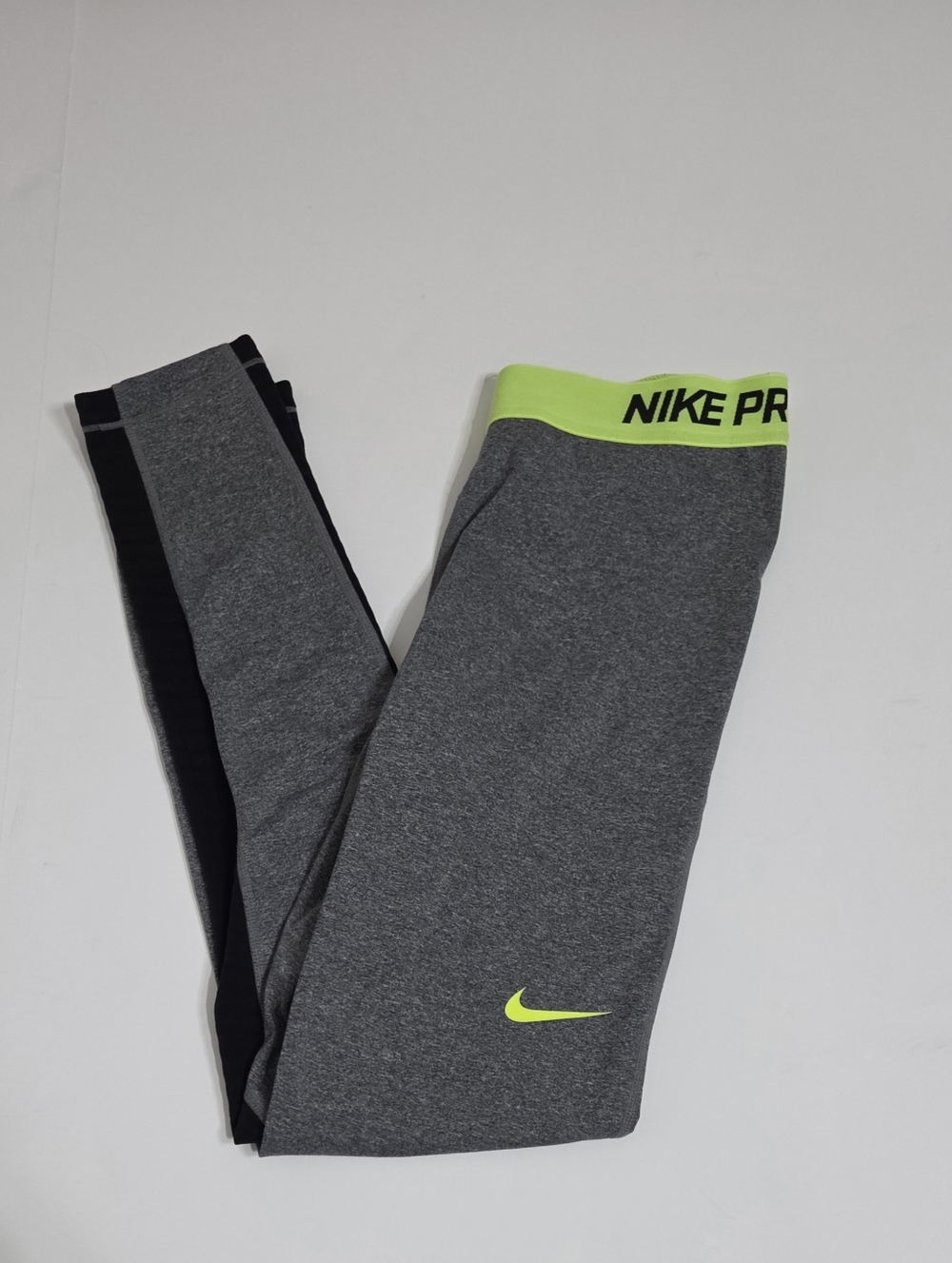 Nike Women's Pro Athletic Grey and Black Leggings with Neon Waistband - Picture 3 of 6